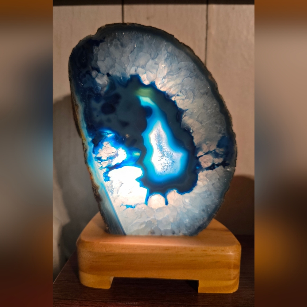 Blue Agate Geode on Wooden Stand